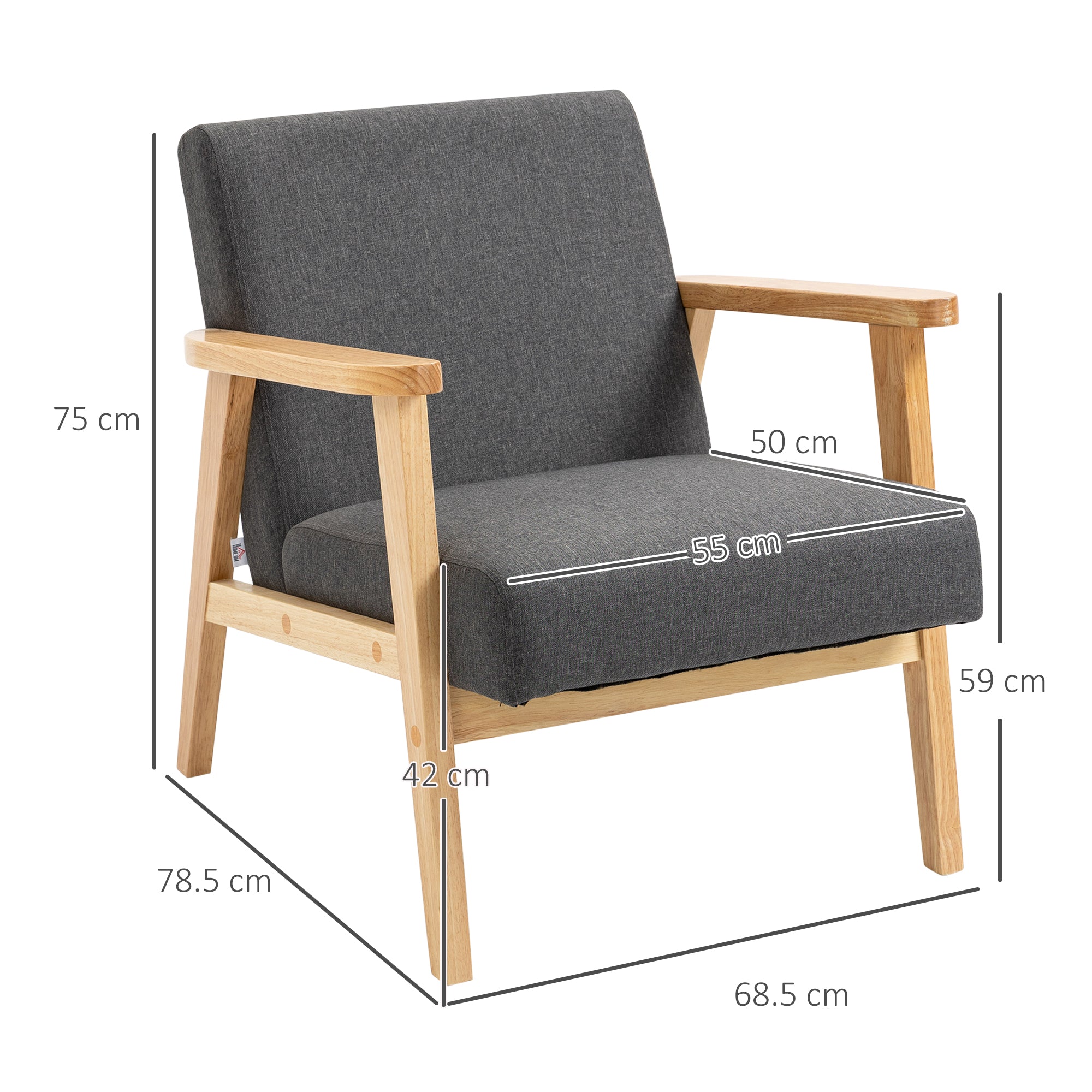 HOMCOM Set of 2 Accent Armchair, Living Room Chair, Wooden Upholstered Single Lounge Chair with Rubber Wood Legs and Padded Seat , Leisure Sofa Chair for Bedroom Office, Dark Grey